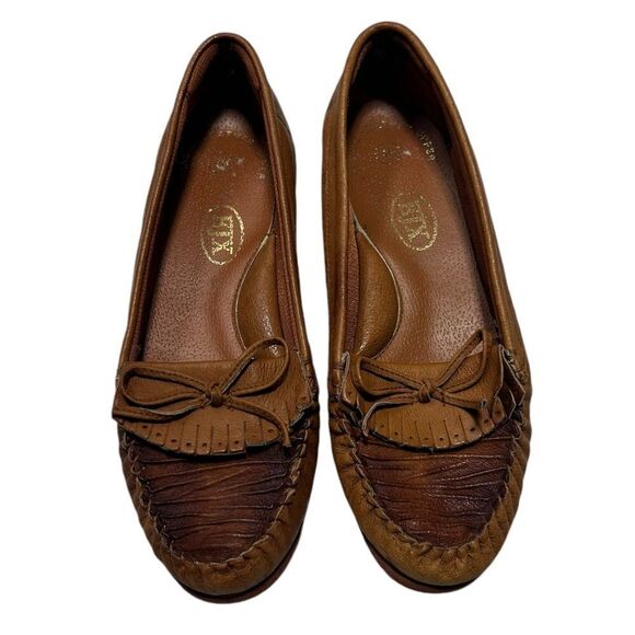 EJX Leather Upper Vintage Style Brown Leather Moccasin Loafers Flats Bow Slip On - Picture 3 of 8